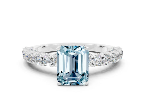 White gold Emerald Cut Diamond Pavé Band Solitaire Ring with Prong Setting
