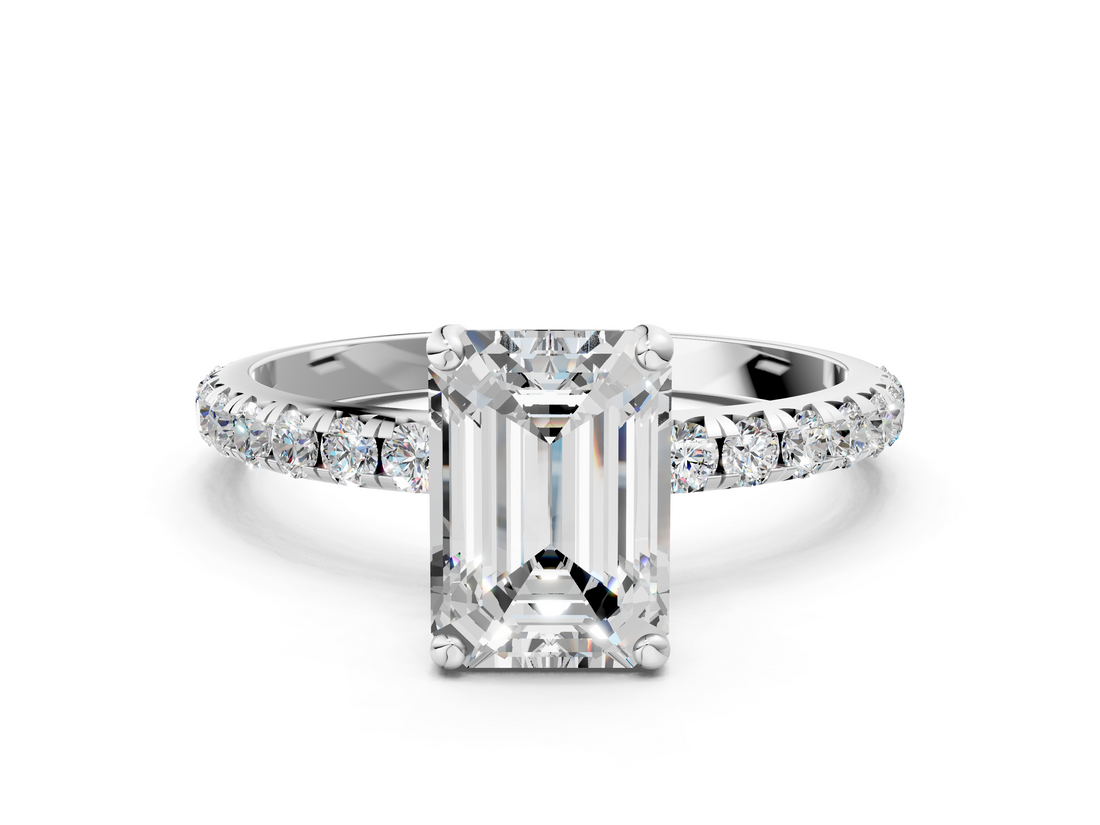 White gold Emerald Cut Diamond Pavé Band Solitaire with Four-Prong Setting_3