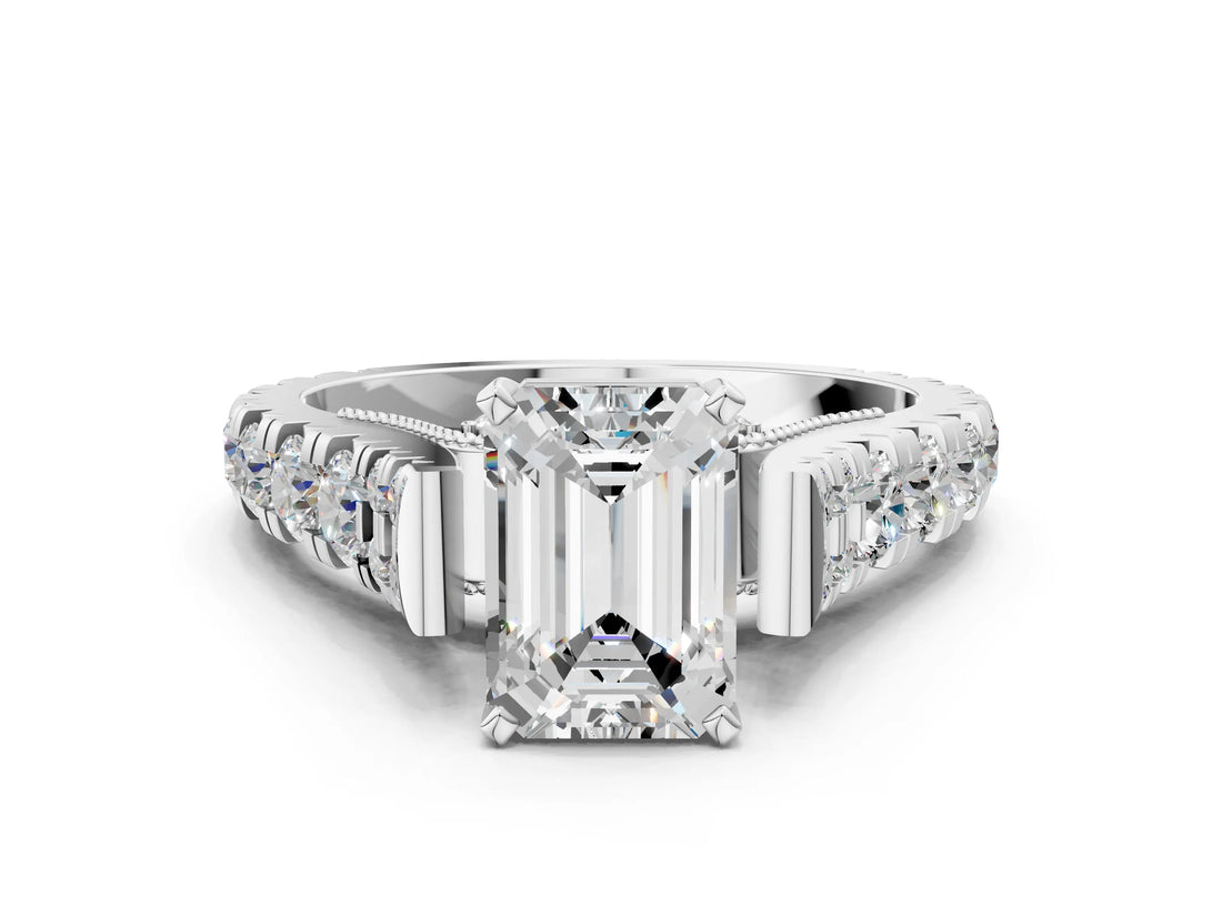 White gold Emerald Cut Diamond Pavé Band Solitaire with Four-Prong Setting_46
