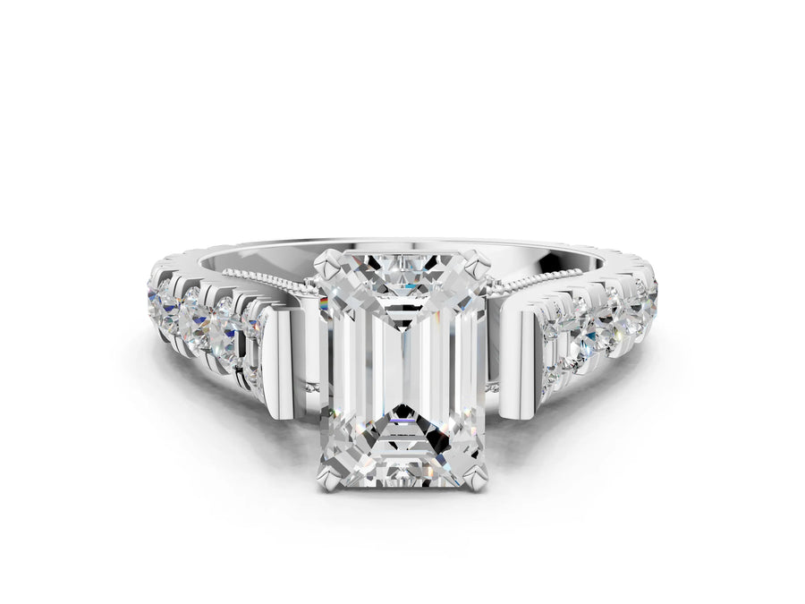 White gold Emerald Cut Diamond Classic Solitaire Ring with Pavé Band and Four-Prong Setting