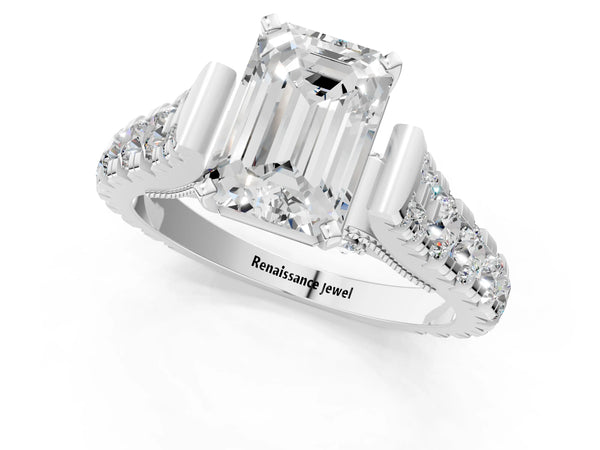 White gold Emerald Cut Diamond Classic Solitaire Ring with Pavé Band and Four-Prong Setting