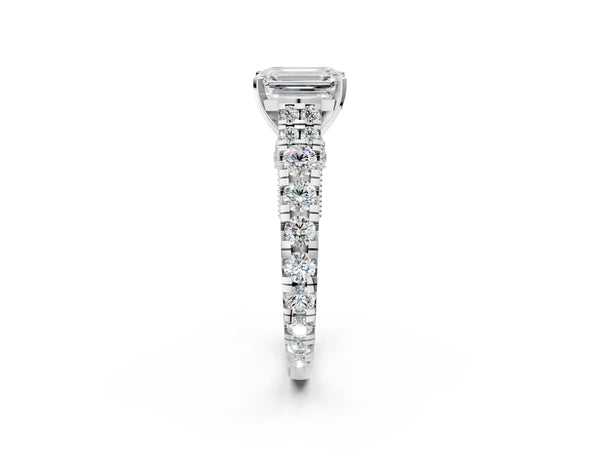 White gold Emerald Cut Diamond Classic Solitaire Ring with Pavé Band and Four-Prong Setting