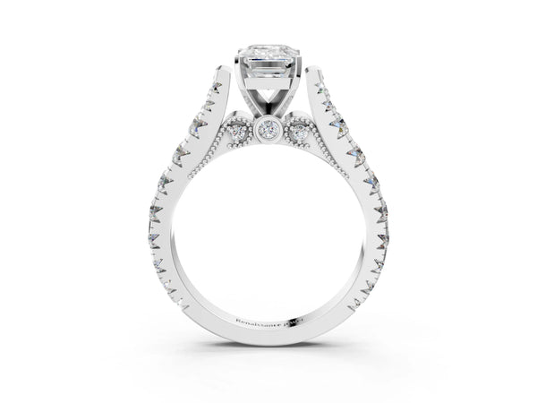 White gold Emerald Cut Diamond Classic Solitaire Ring with Pavé Band and Four-Prong Setting
