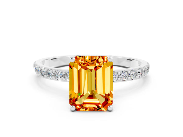 Platinum Emerald Cut Citrine Solitaire Ring with Round Pavé Shoulders and Prong Setting
