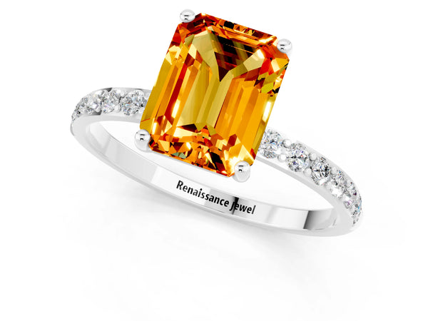 Silver Emerald Cut Citrine Solitaire Ring with Round Pavé Shoulders and Prong Setting
