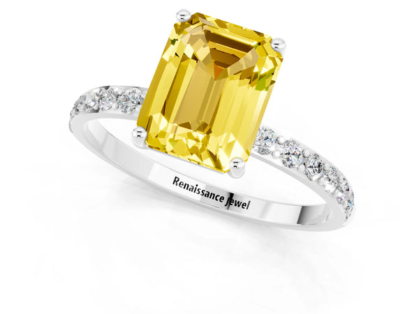 White gold Emerald Cut Yellow Sapphire Solitaire Ring with Round Pavé Shoulders and Prong Setting