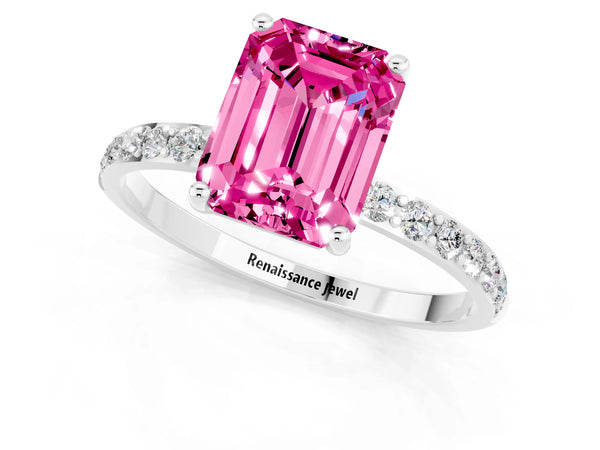 White gold Emerald Cut Pink Sapphire Solitaire Ring with Round Pavé Shoulders and Prong Setting