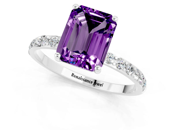 Platinum Emerald Cut Amethyst Solitaire Ring with Round Pavé Shoulders and Prong Setting