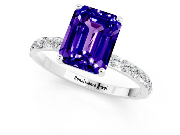 Silver Emerald Cut Tanzanite Solitaire Ring with Round Pavé Shoulders and Prong Setting