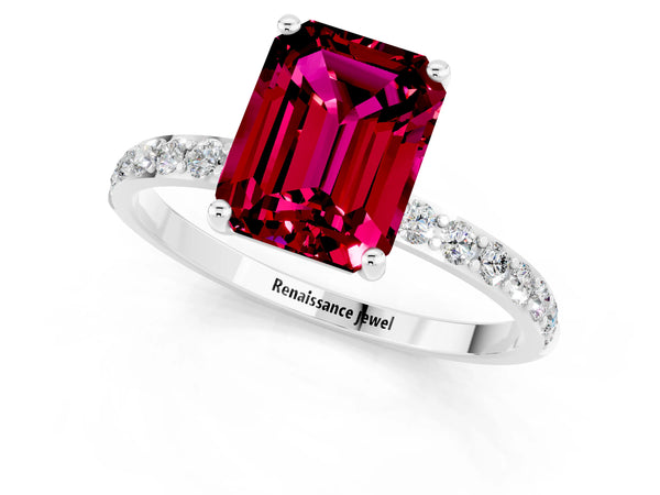 Silver Emerald Cut Garnet Solitaire Ring with Round Pavé Shoulders and Prong Setting