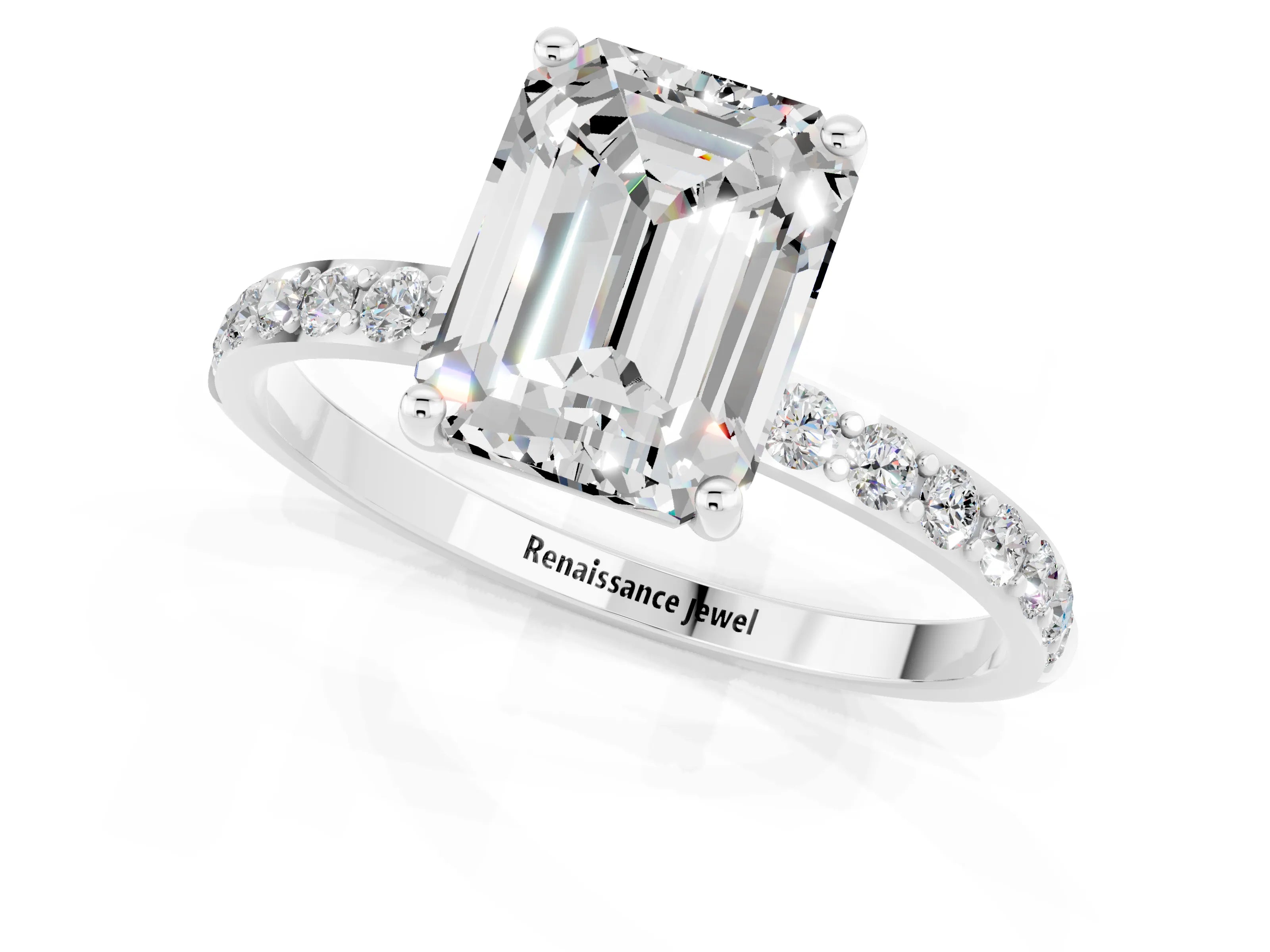 White gold Emerald Cut Diamond Pavé Band with Six-Prong Setting_1