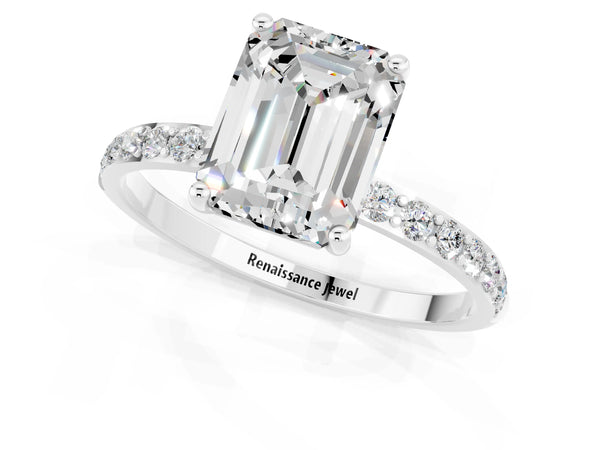 Silver Emerald Cut Moissanite Solitaire Ring with Round Pavé Shoulders and Prong Setting