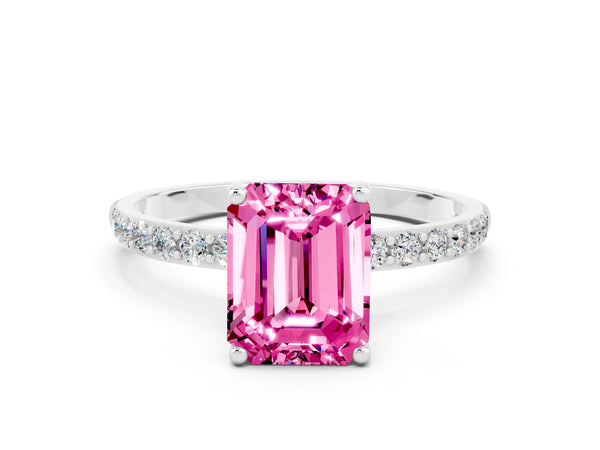 Platinum Emerald Cut Pink Sapphire Solitaire Ring with Round Pavé Shoulders and Prong Setting