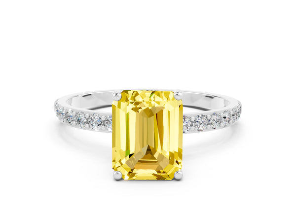 Silver Emerald Cut Yellow Sapphire Solitaire Ring with Round Pavé Shoulders and Prong Setting