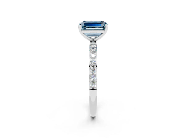 Silver Emerald Cut Aquamarine Solitaire Ring with Round Pavé Shoulders and Prong Setting