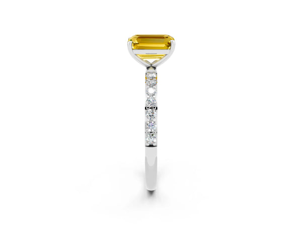 White gold Emerald Cut Yellow Sapphire Solitaire Ring with Round Pavé Shoulders and Prong Setting