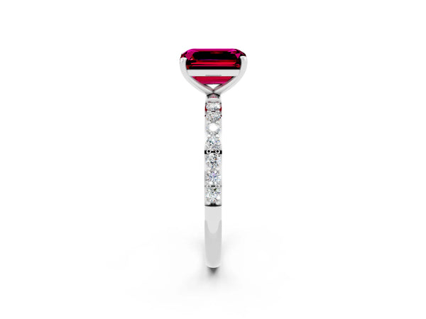 Platinum Emerald Cut Garnet Solitaire Ring with Round Pavé Shoulders and Prong Setting