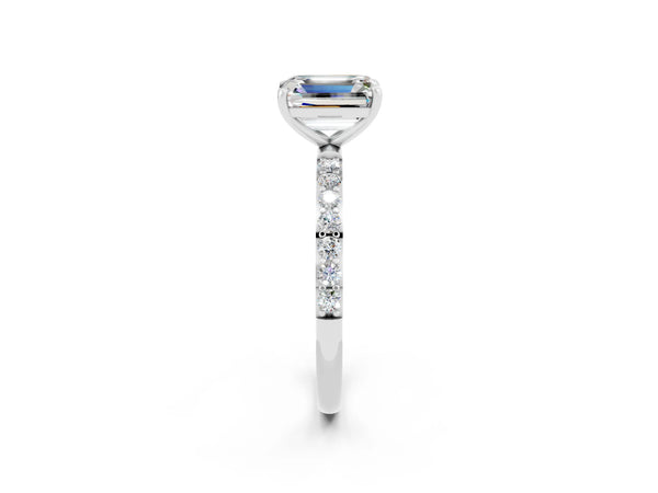 Platinum Emerald Cut Moissanite Solitaire Ring with Round Pavé Shoulders and Prong Setting