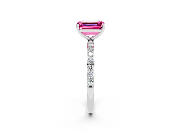 Silver Emerald Cut Pink Sapphire Solitaire Ring with Round Pavé Shoulders and Prong Setting