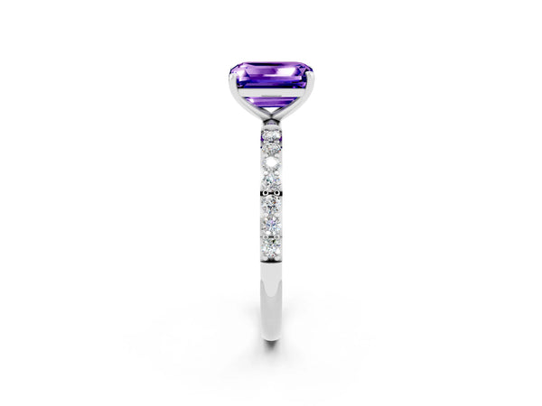 Silver Emerald Cut Tanzanite Solitaire Ring with Round Pavé Shoulders and Prong Setting