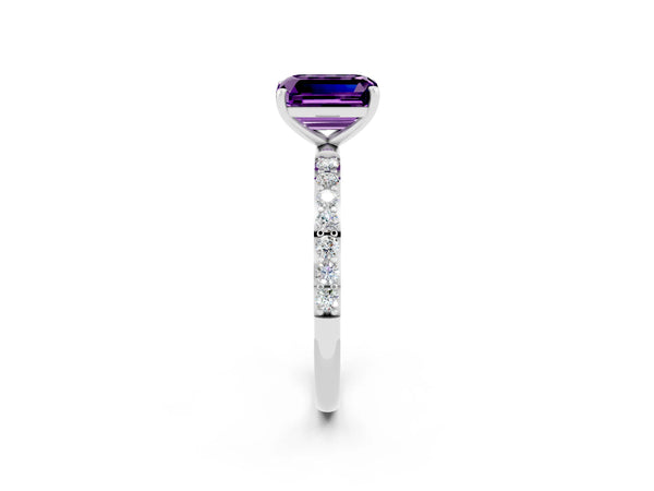 Silver Emerald Cut Amethyst Solitaire Ring with Round Pavé Shoulders and Prong Setting