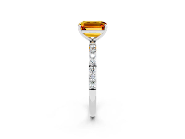 Silver Emerald Cut Citrine Solitaire Ring with Round Pavé Shoulders and Prong Setting