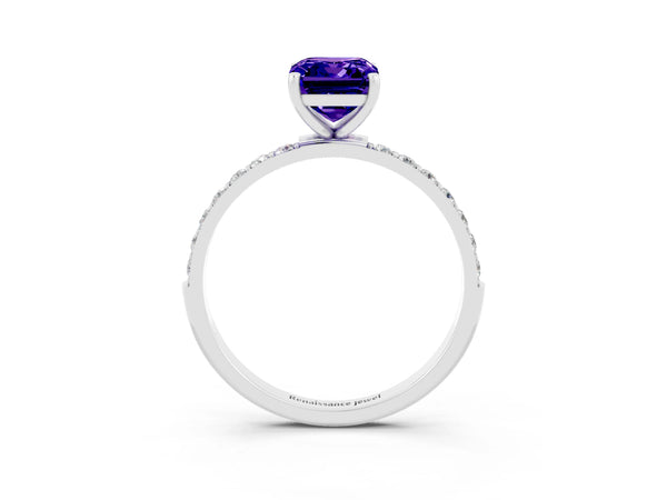 White gold Emerald Cut Tanzanite Solitaire Ring with Round Pavé Shoulders and Prong Setting