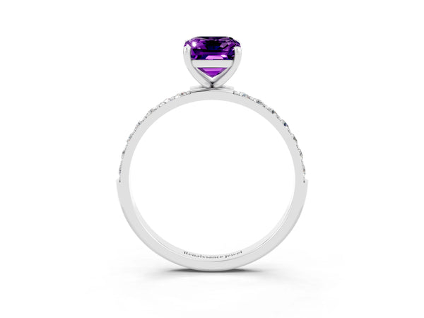 Platinum Emerald Cut Amethyst Solitaire Ring with Round Pavé Shoulders and Prong Setting
