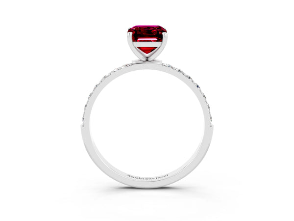 Silver Emerald Cut Garnet Solitaire Ring with Round Pavé Shoulders and Prong Setting