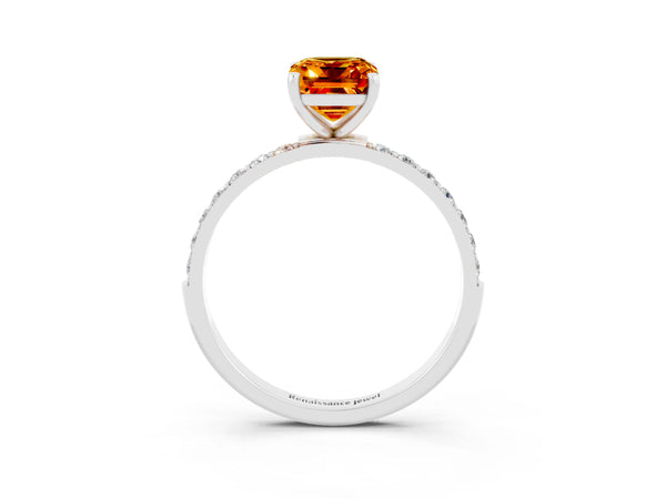 Silver Emerald Cut Citrine Solitaire Ring with Round Pavé Shoulders and Prong Setting