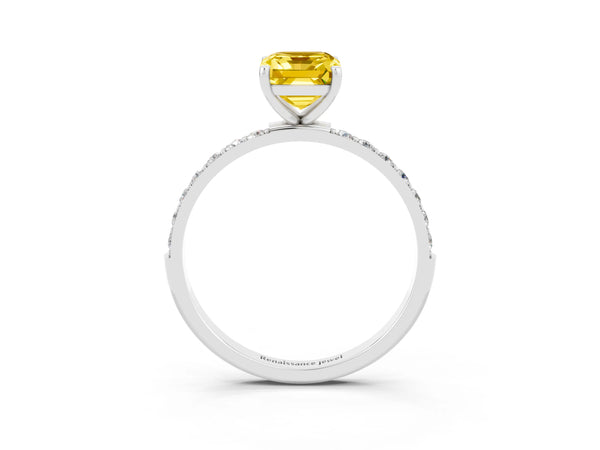 Silver Emerald Cut Yellow Sapphire Solitaire Ring with Round Pavé Shoulders and Prong Setting
