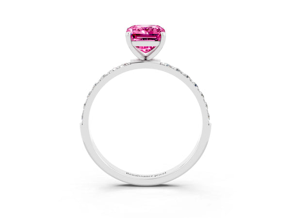 Silver Emerald Cut Pink Sapphire Solitaire Ring with Round Pavé Shoulders and Prong Setting