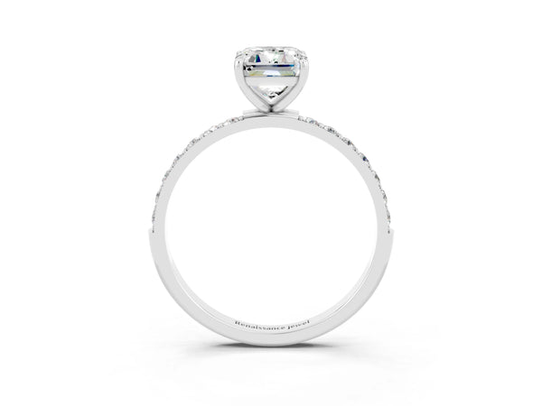 Silver Emerald Cut Moissanite Solitaire Ring with Round Pavé Shoulders and Prong Setting