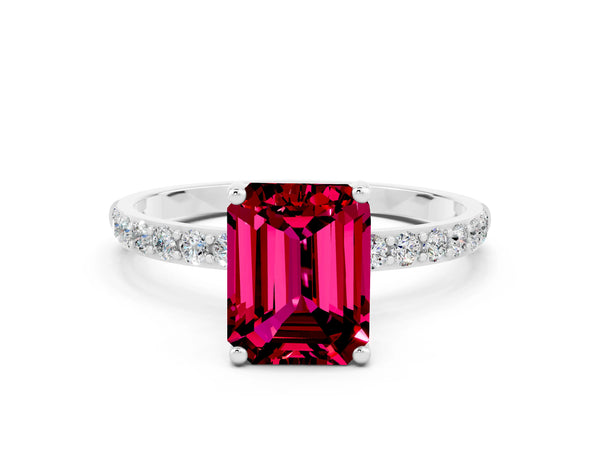 White gold Emerald Cut Garnet Solitaire Ring with Round Pavé Shoulders and Prong Setting