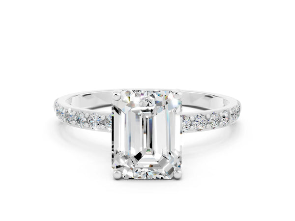 Silver Emerald Cut Moissanite Solitaire Ring with Round Pavé Shoulders and Prong Setting