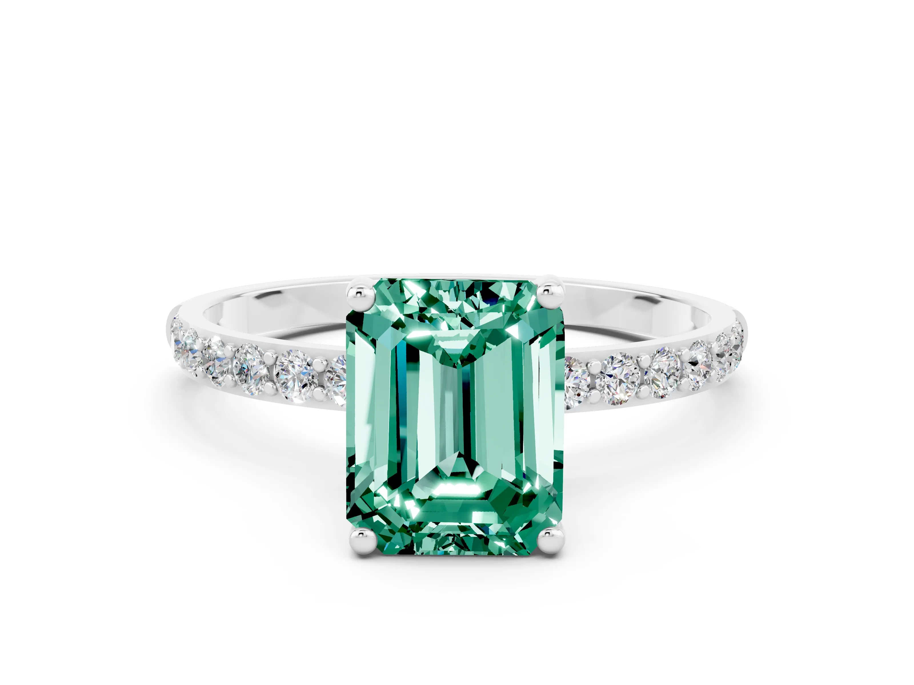 White gold Emerald Cut Diamond Pavé Band with Six-Prong Setting