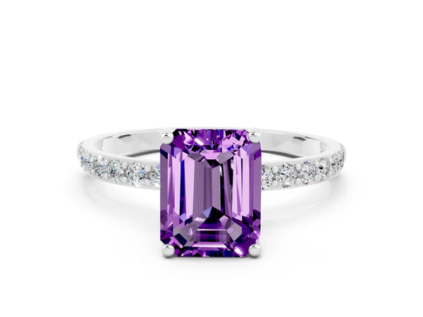 Silver Emerald Cut Amethyst Solitaire Ring with Round Pavé Shoulders and Prong Setting