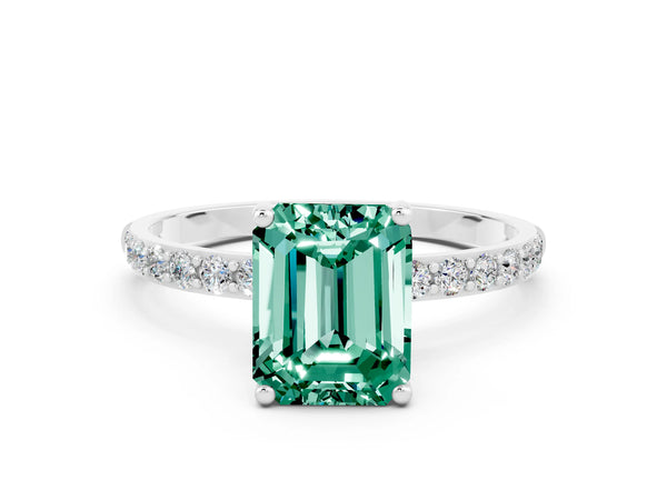 White gold Emerald Cut Green Sapphire Solitaire Ring with Round Pavé Shoulders and Prong Setting