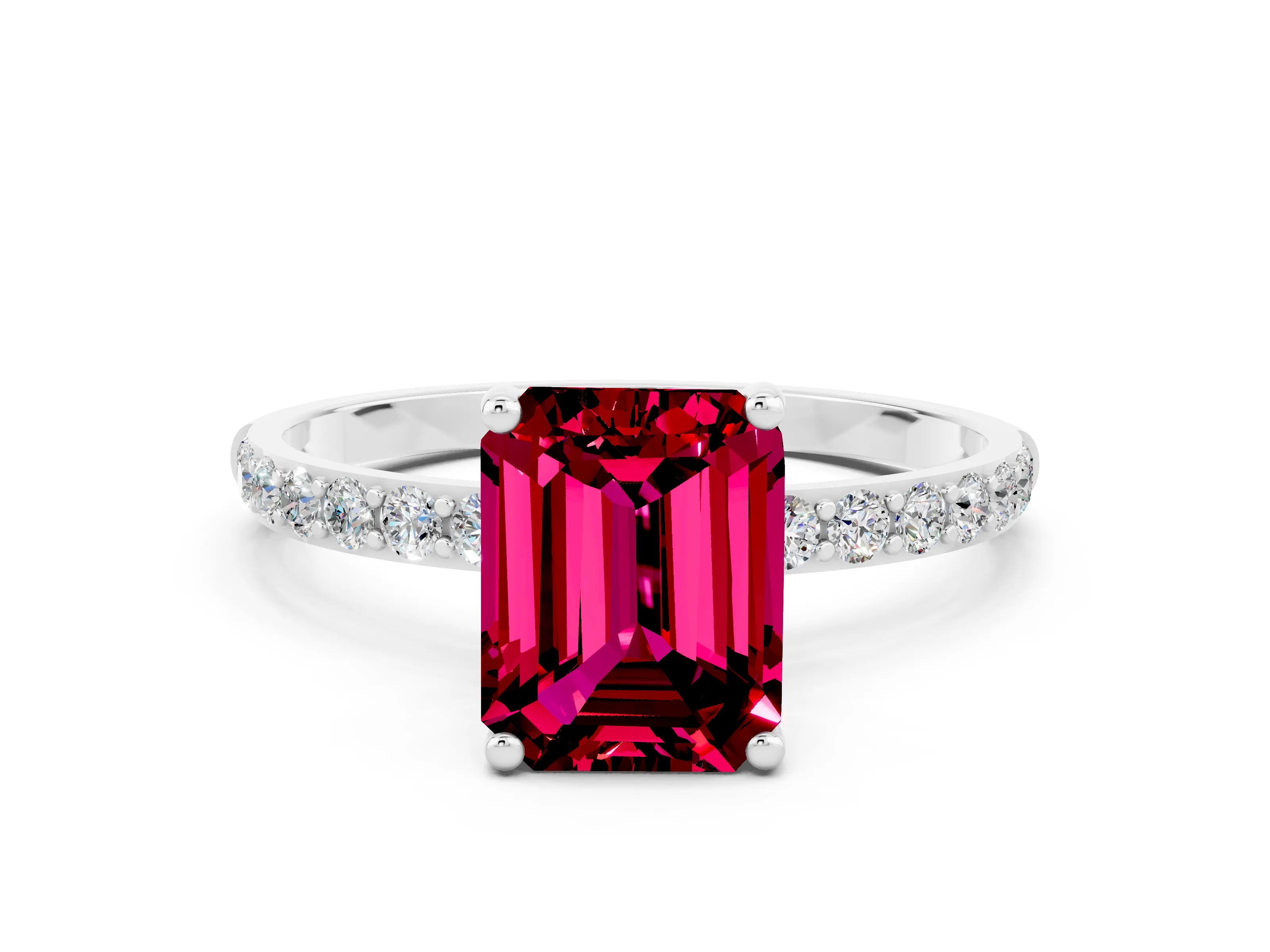 White gold Emerald Cut Diamond Pavé Band with Six-Prong Setting