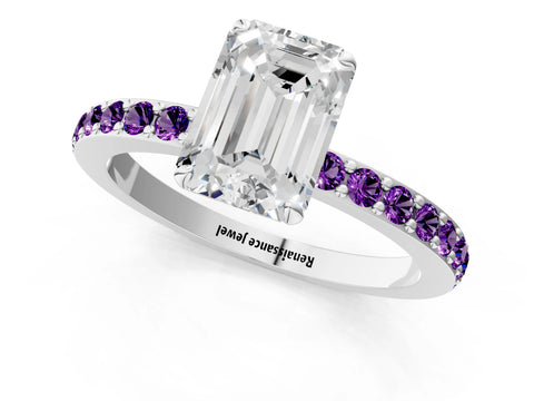 White gold Emerald Cut Diamond Pavé Engagement Ring with Round with Amethyst side stone Accents and Prong Setting_13