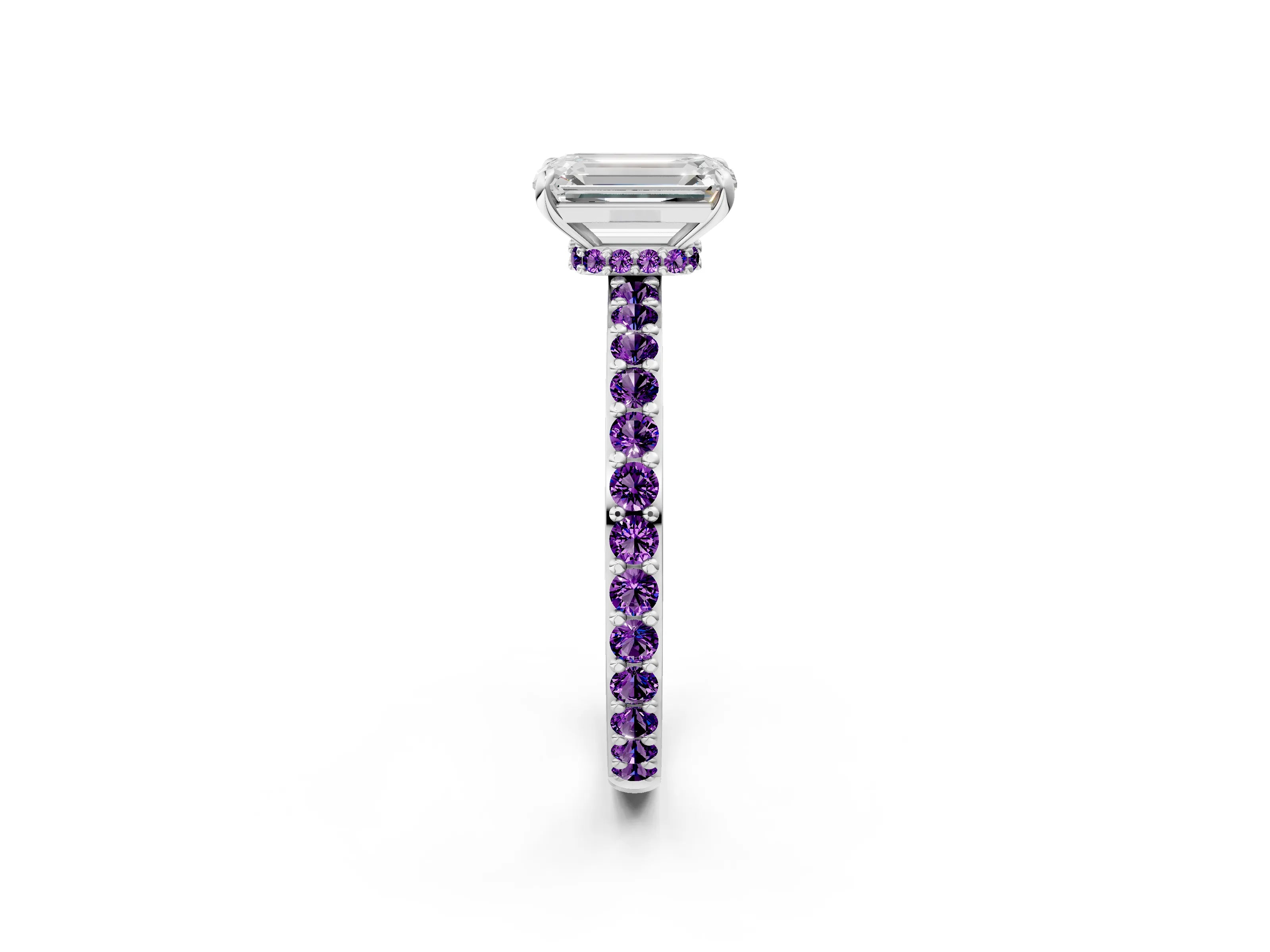 White gold Emerald Cut Diamond Pavé Engagement Ring with Round with Amethyst side stone Accents and Prong Setting_14