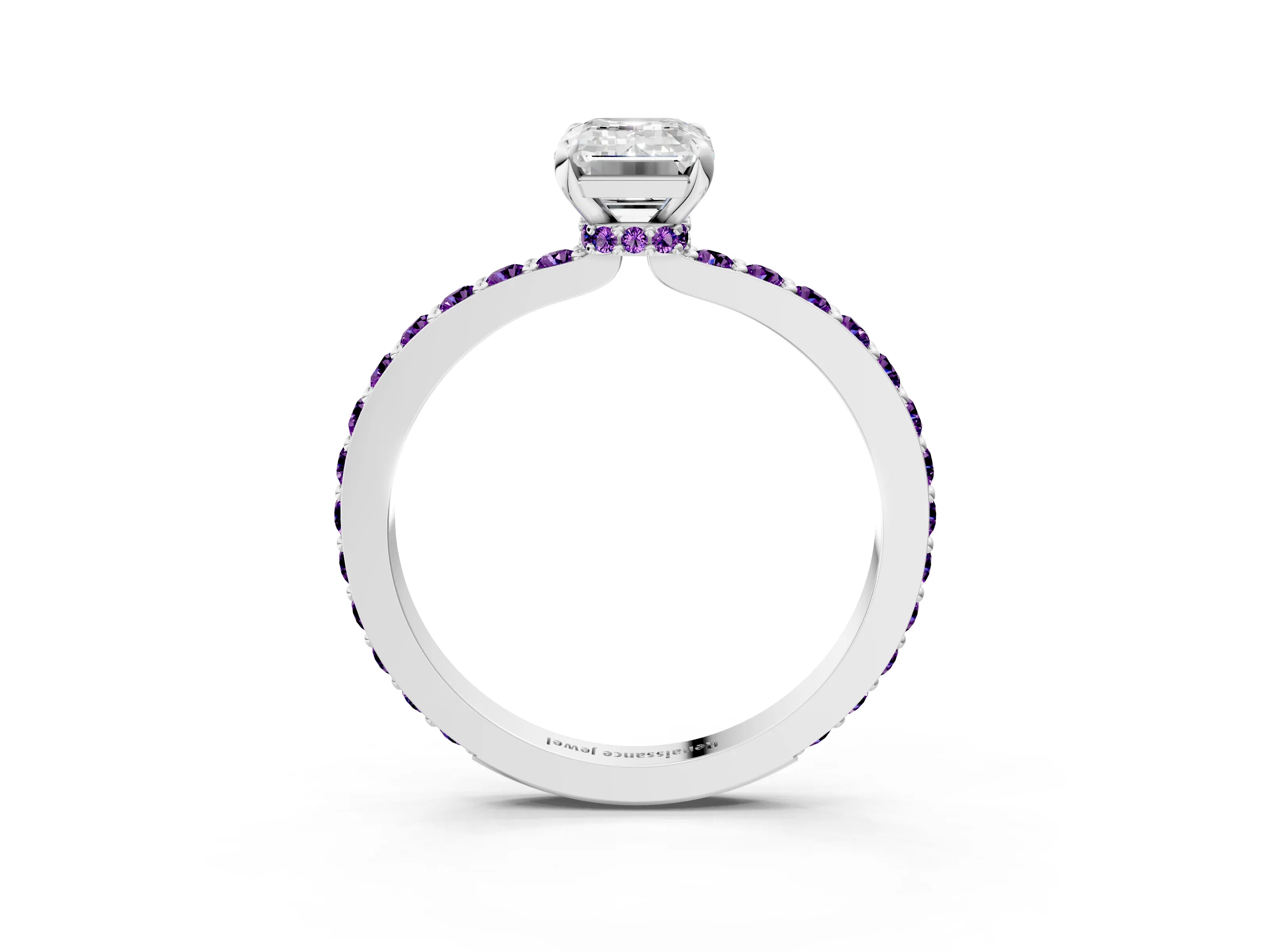 White gold Emerald Cut Diamond Pavé Engagement Ring with Round with Amethyst side stone Accents and Prong Setting_15