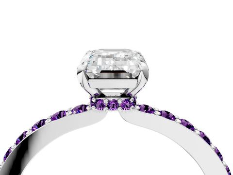 White gold Emerald Cut Diamond Pavé Engagement Ring with Round with Amethyst side stone Accents and Prong Setting_16