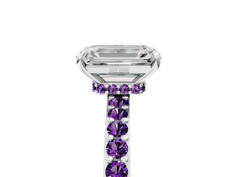 White gold Emerald Cut Diamond Pavé Engagement Ring with Round with Amethyst side stone Accents and Prong Setting_17