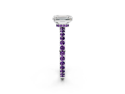 White gold Emerald Cut Diamond Pavé Engagement Ring with Round with Amethyst side stone Accents and Prong Setting_2