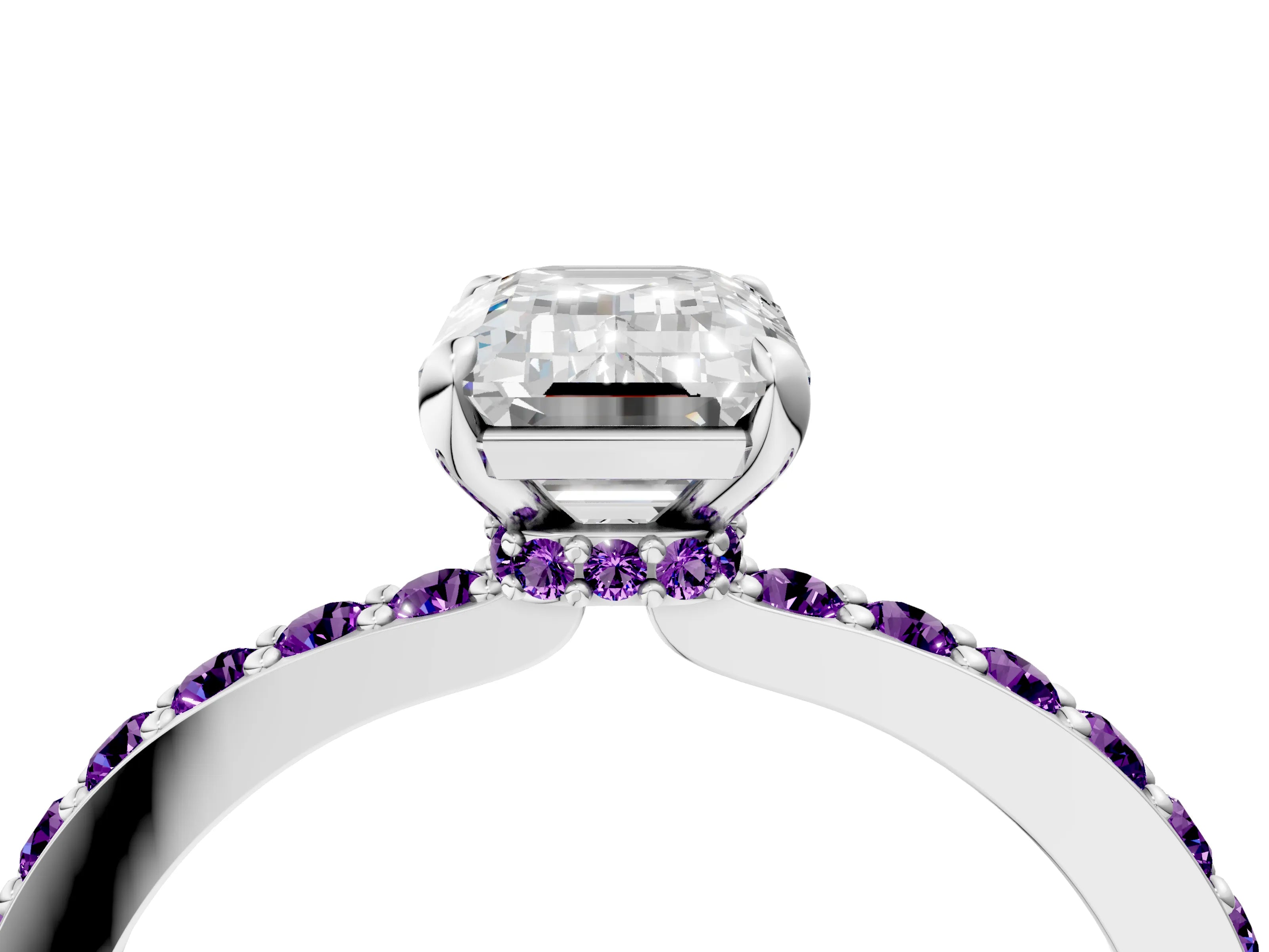 White gold Emerald Cut Diamond Pavé Engagement Ring with Round with Amethyst side stone Accents and Prong Setting_4
