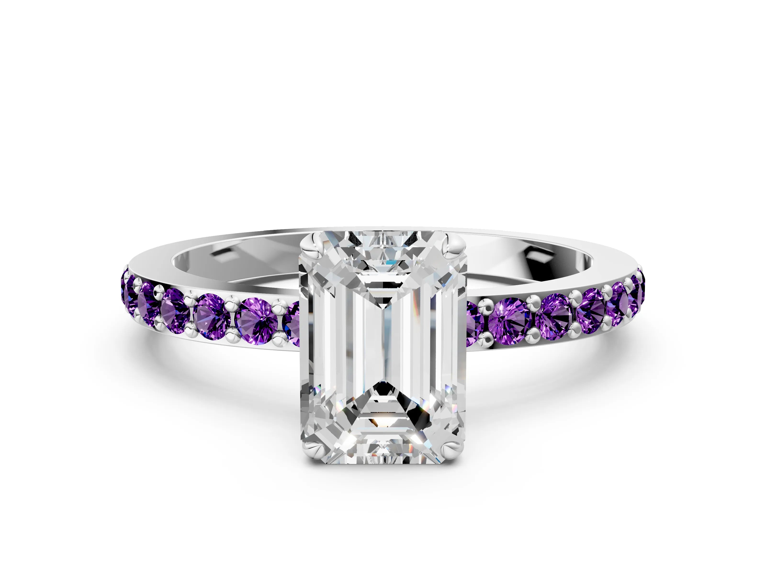 White gold Emerald Cut Diamond Pavé Engagement Ring with Round with Amethyst side stone Accents and Prong Setting