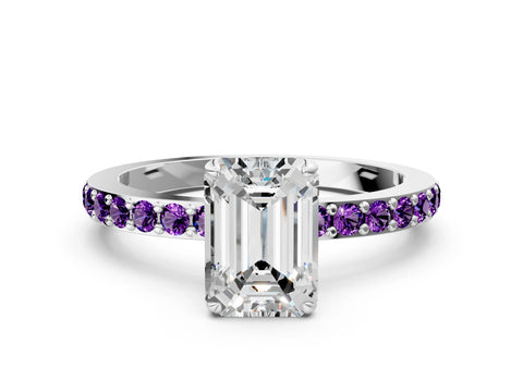 White gold Emerald Cut Diamond Pavé Engagement Ring with Round with Amethyst side stone Accents and Prong Setting
