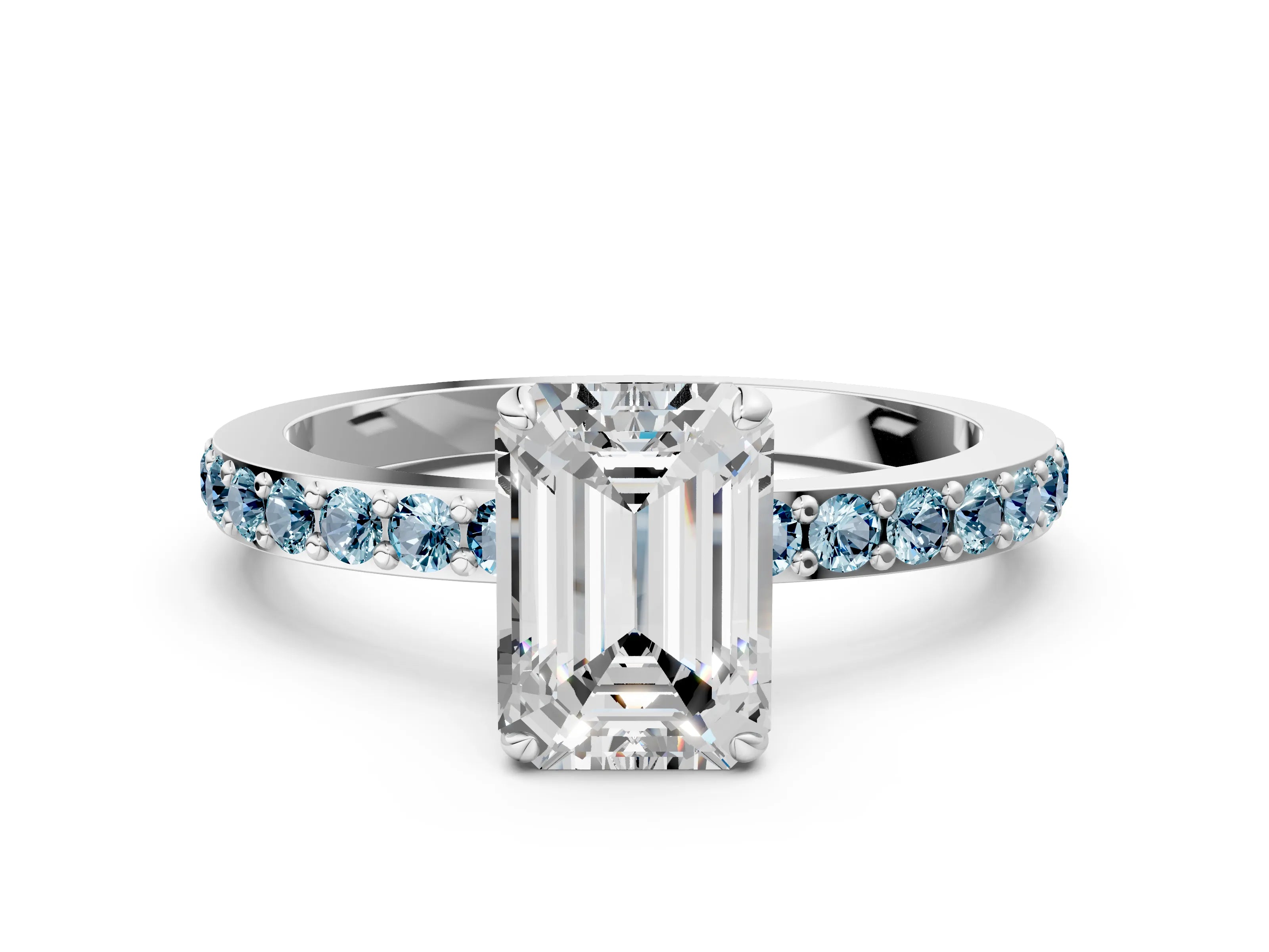 White gold Emerald Cut Diamond Pavé Engagement Ring with Round with Aquamarine side stone Accents and Prong Setting_12