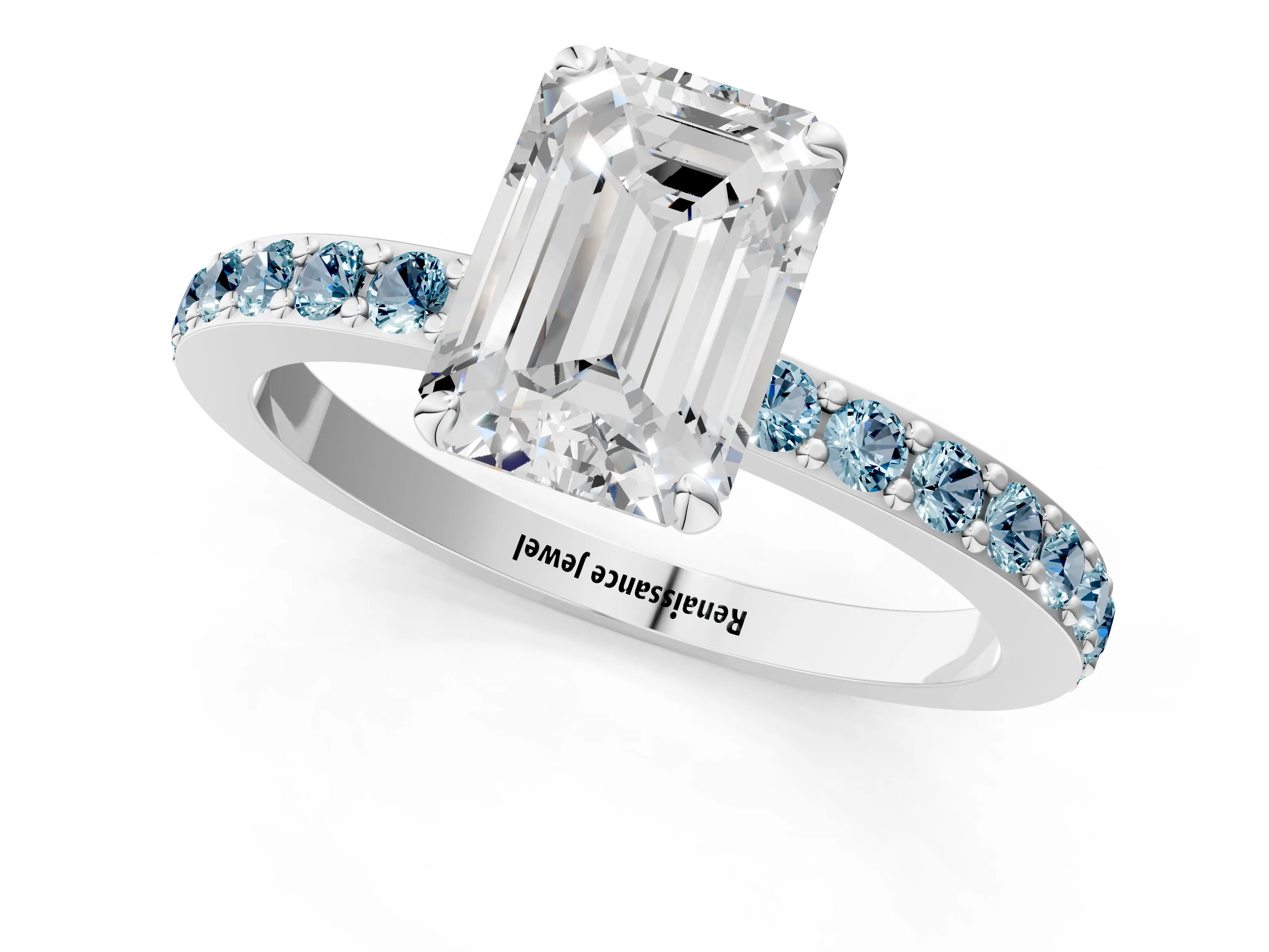 White gold Emerald Cut Diamond Pavé Engagement Ring with Round with Aquamarine side stone Accents and Prong Setting_13
